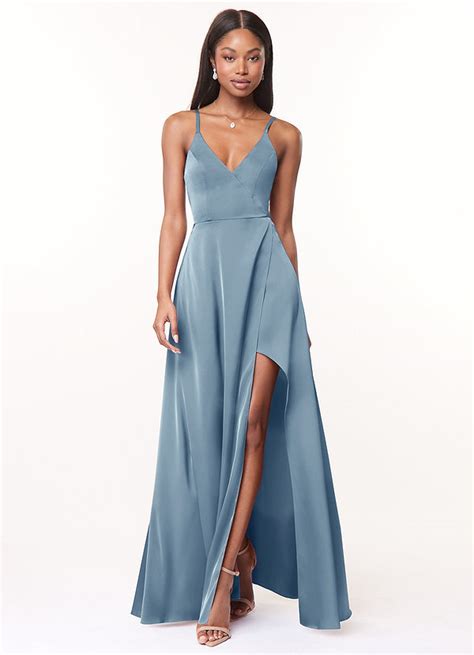 Dusty Blue Azazie Maksim Stretch Satin Dress Bridesmaid Dresses Azazie