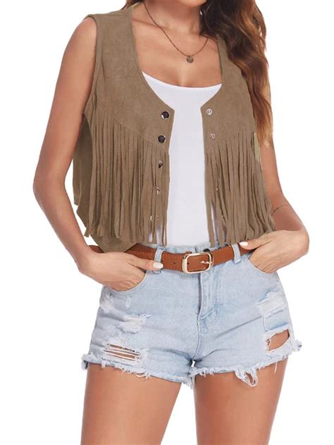 Youweixiong Fringe Vest Women Faux Suede Open Front Vintage Vest