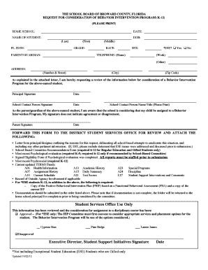 Fillable Online Broward K12 Fl Behavior Intervention Program Form