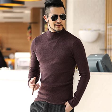 Mens Autumn Winter Black Woolen Turtleneck Sweater Slim Fit Solid Men Knit Cashmere European