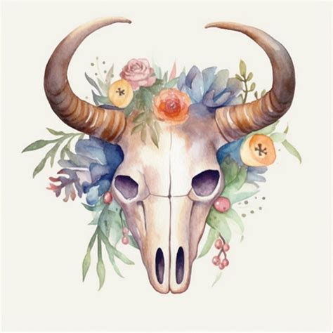 Premium Photo | Watercolor painting of a bull skull with flowers and a ...