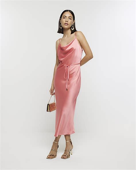 Coral Satin Cowl Neck Slip Midi Dress River Island