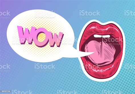 Pop Art Woman Lips Speech Bubble Comic Book Style Hand Drawn Vector