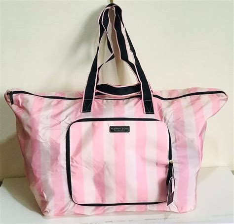 Victorias Secret Pink White Packable Travel Getaway Weekender Tote Duffle Bag Womens Fashion