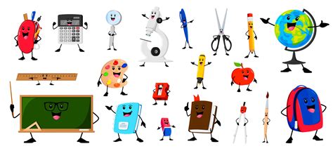 Cartoon cheerful school stationery characters set 46915678 Vector Art ...