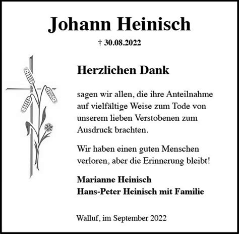 Traueranzeigen Von Johann Heinisch Vrm Trauer De