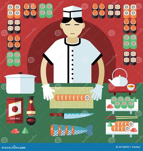 Vector Illustration Of Sushi Master And Japanese Food Stuff Stock