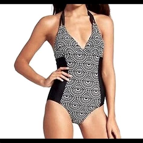 Merona Swim Merona One Piece Swim Suit Black White Halter Sz S