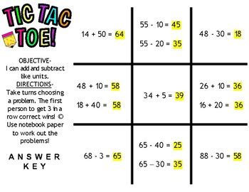 Nd Grade Math Tic Tac Toe Add And Subtract Like Units By