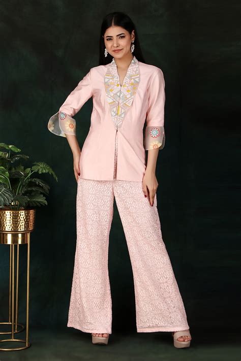 Buy Pink Chanderi Hand Embroidered Sequins Neck Jacket And Palazzo Set