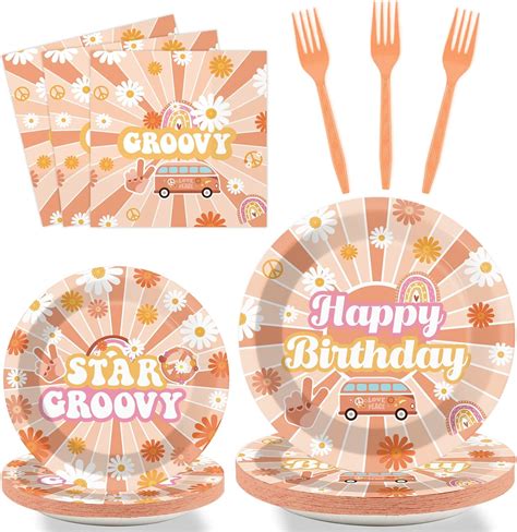 Amazon 96 Pcs Groovy Birthday Tableware Set Hippie Plates Napkins