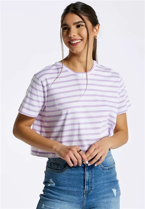 Jual Max Fashions Max Fashions Striped Crop T Shirt With Round Neck And