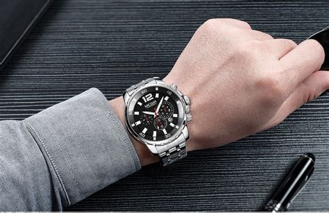 MEGIR 2068 Argenté Noir Montre chronographe à quartz pour homme