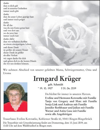 Traueranzeigen von Irmgard Krüger vrm trauer de