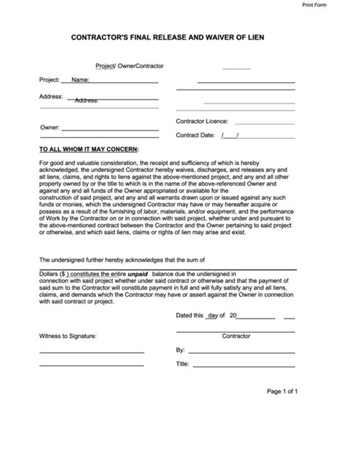 Free Printable Interactive Release Of Lien Form Printable Forms Free