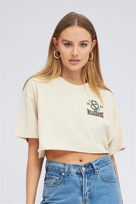 Beige Graphic Tee Short Sleeve Crop Crew Neck Ally Fashion