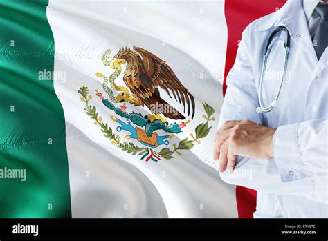 Mexican Doctor Standing With Stethoscope On Mexico Flag Background