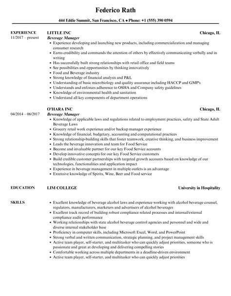 Beverage Manager Resume Samples Velvet Jobs