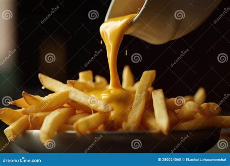 Pouring Velvety Cheddar Cheese Over Crispy French Fries For A