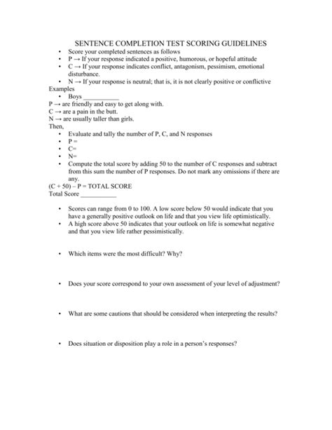 SENTENCE COMPLETION TEST SCORING GUIDELINES