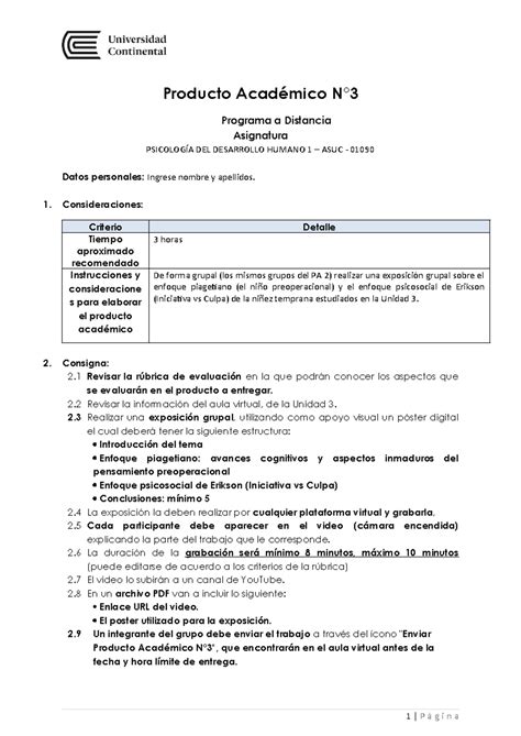 PA03 Rúbrica apuntes Producto Académico N Programa a Distancia