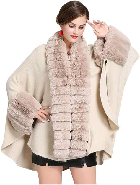 Wholesale Faux Fur Trim Poncho Cape Oversized Soft Cloak Beige