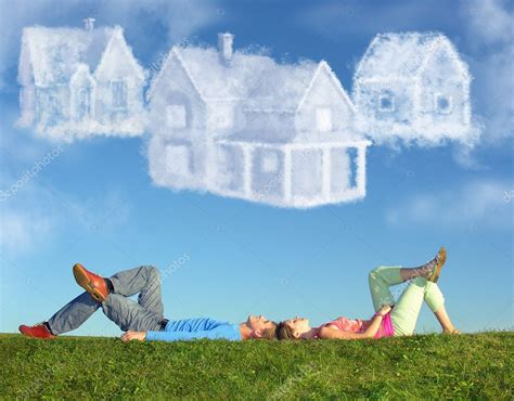 Lying Couple On Grass And Dream Three Cloud Houses Collage Stock