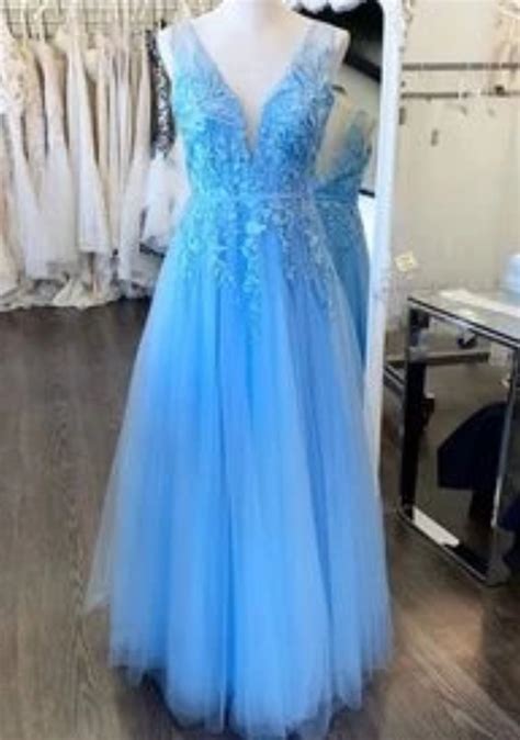 A Line V Neck Light Blue Lace Prom Dresses V Neck Sky Blue Lace Formal