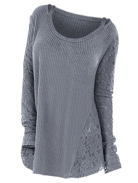 Zan Style Women Plus Size Lace Panel Cutout Tee Full Sleeve Round Neck