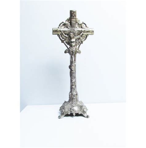 Vintage French Silver Metal Standing Crucifix Cross Altar Jesus INRI