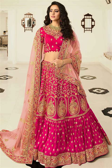 Buy Pink Zari Embroidered Lehenga Choli In Silk With Net Dupatta Online