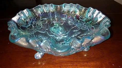 Imperial Carnival Glass Iridescent Ice Blue Lustre Rose 3 Footed 8 Ruffled Bowl Carnival Glass