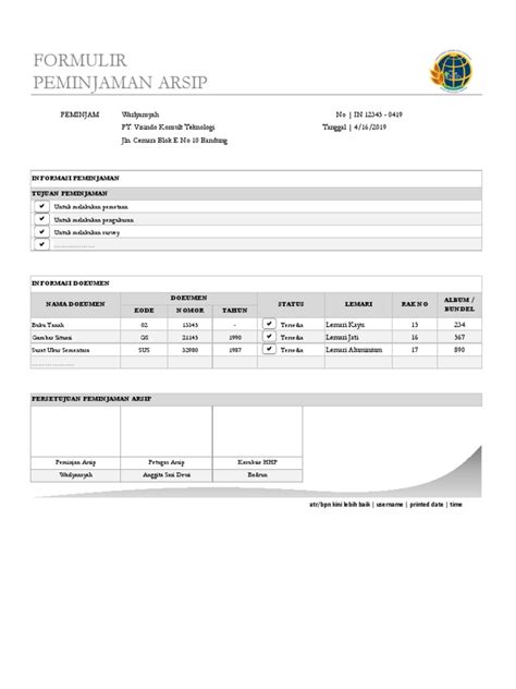 Formulir Peminjaman Arsip Pdf