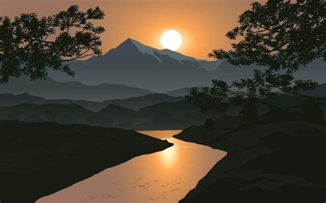 Premium Vector | Beautiful sunset landscape with mountain and river