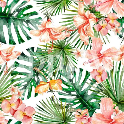 Hibiscus Flowers And Tropical Leaves Wallpaper Happywall