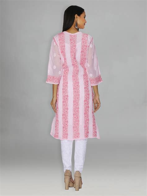 Seva Chikan Hand Embroidered Pink Cotton Lucknowi Chikankari Kurta Scl