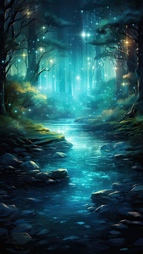 A River Flowing Through A Forest Filled With Lots Of Trees And Lights