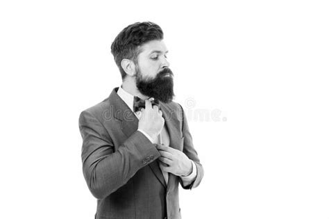 Man Fix Bow Tie Brutal Businessman Grooming Mature Man With Beard In