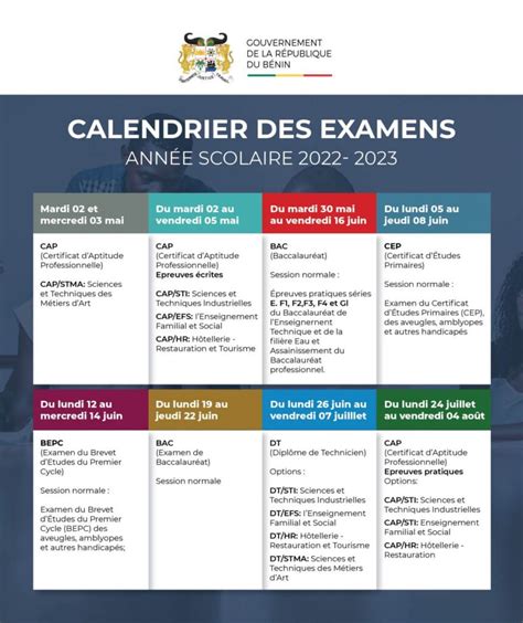 Bénin Calendrier des examens et concours de lannée scolaire 2022