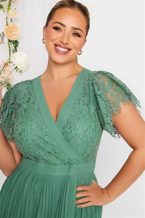 Yours London Curve Green Lace Wrap Pleated Midi Dress Yours Clothing