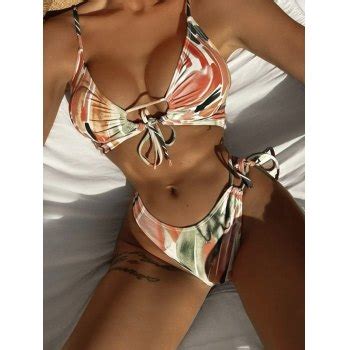 Emmiol Free Shipping Color Brush Cutout Lace Up Bikini Set Pink S