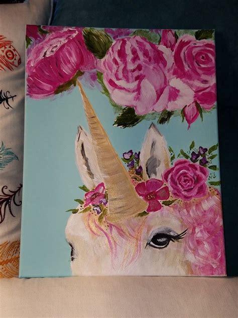 Unicorn Garden Original Acrylic Painting On 11x14 Stretched Canvas With Wood Profile And