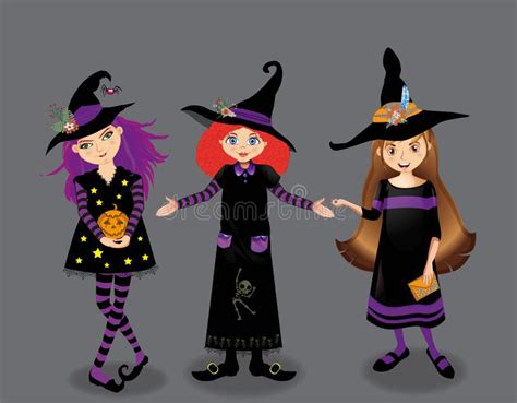 Halloween Vector Illustration Of Three Young Witches Isolated Stock