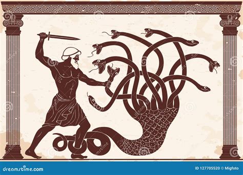 Hercules Vs Hydra Figure Character. Greek Classical Mythology Story Scene Illustration Vector ...