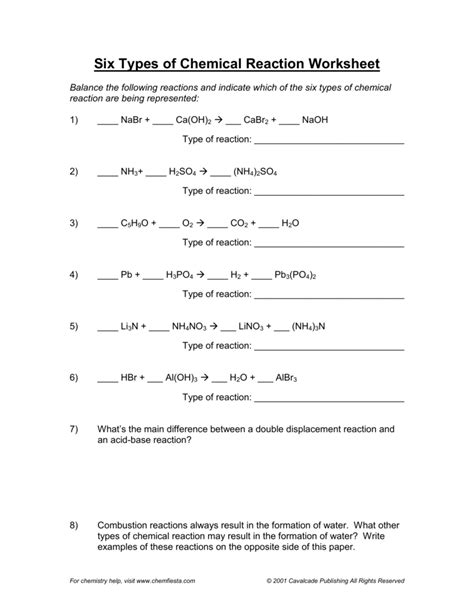 Identifying Types Of Chemical Reactions Worksheet Printable And Enjoyable Learning