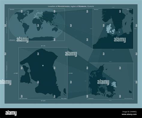 Hovedstaden, region of Denmark. Diagram showing the location of the region on larger-scale maps ...