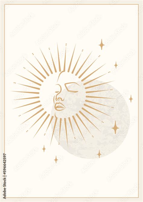 Mystical Drawing Of Sun With Face Moon And Stars Poster Design For Tarot Card Stock Vector