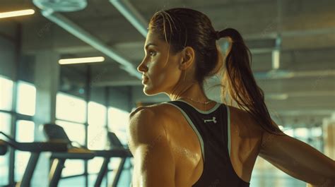 Athletic Brunette Slim Figure Exercise Lifestyle Gym Background Sport Dumbbell Person