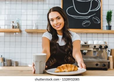 Attractive Brunette Cashier Standing Behind Bar Stock Photo Shutterstock