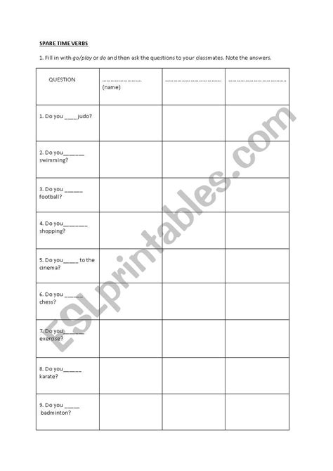 The Spare Time Related Verbs Esl Worksheet By Nataleczka92